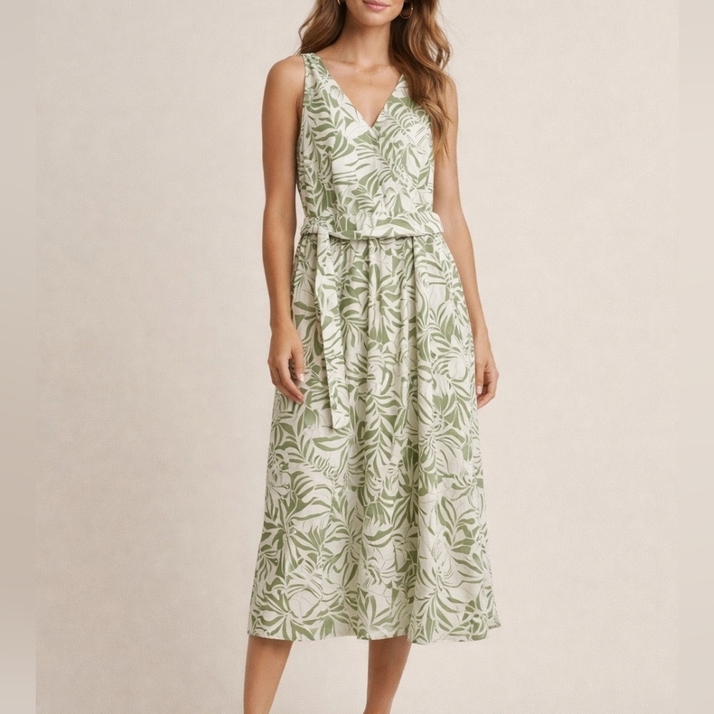 Emma & Michele S White Green Leaf Print Sleeveless Midi Dress
